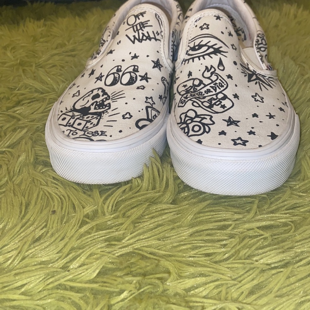 Vans White Slip-On Sneakers with Black Doodle Print - Picture 5 of 9